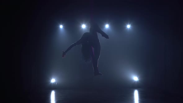 Girl Aerial Gymnast Performing on a Silk in a Circus Stage. Exciting Acrobatic Show