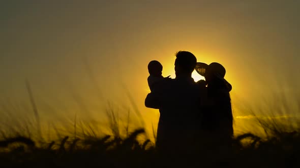 Family Silhouette Standing in Field at Sunset