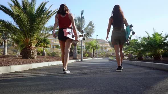 Two Young Women Walk in the Park with Longboards in the Hands of Kolo Palm Trees Under the Setting