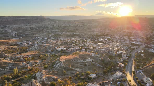 Sun Over Goreme. Cappadocia, Turkey. Aerial View