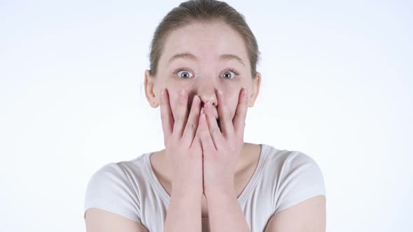 Astonished By Surprise Redhead Woman White Background