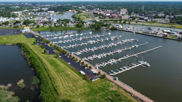 Oasis Marinas at Port Lorain marina in Lorain, Ohio on Lake Erie.  Aerial  drone footage.  With Lora