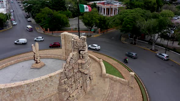 Closeup aerial descent on side of the Monument a la Patria, Homeland Monument on the Paseo de Montej