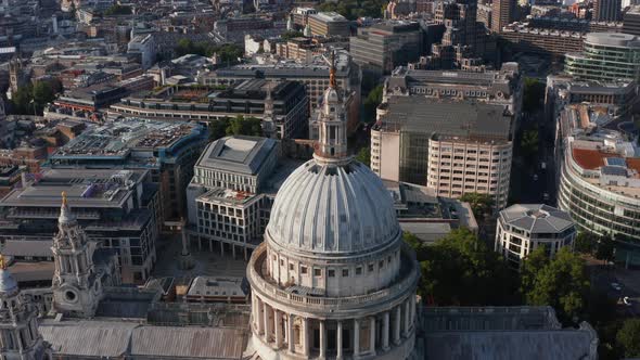 Fly Over Dome of Historic Saint Pauls Cathedral in Afternoon Bright Sun