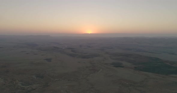 Aerial view of sunrise over Makhtesh Ramon, Mizpe Ramon, Negev, Israel.