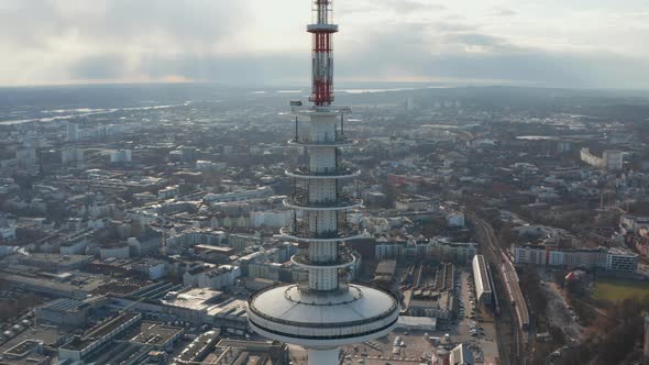 Close Up Aerial View of Satellite Dishes and Antennas on Top of Heinrich Hertz TV Tower in Hamburg