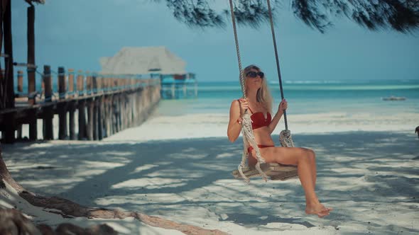 Woman Relax Mediterranean Sea Beach. Cinematic Inspiration Travel Holiday Trip. Fresh Sea Breeze.