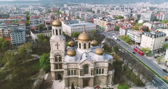 Varna Bulgaria, The Cathedral of the Assumption Aerial view. 4K. Drone