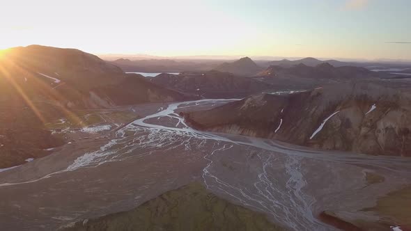 Aerial Sunset over Icelandic Mountains