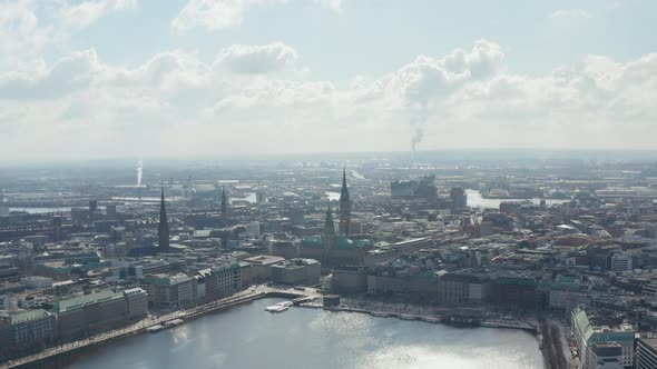 Slow Aerial Slider View of Hamburg City Center with Famous Tourist Destinations and Landmarks By the