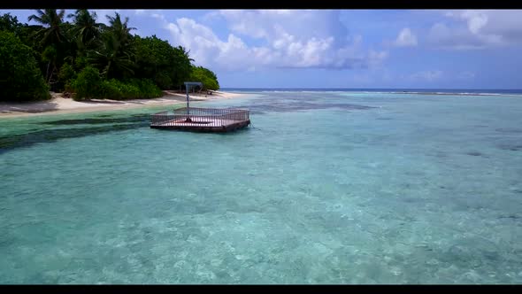 Aerial top view sky of idyllic coast beach wildlife by blue sea with white sandy background of a day