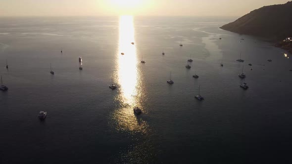 Aerial of Sailboats in a Bay at Sunset