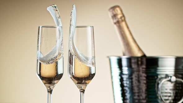 Super Slow Motion Shot of Clinking Two Glasses of Champagne at 1000Fps.