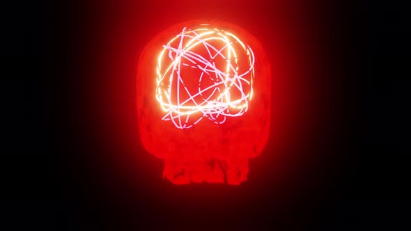 Red Skull Neon Brain Work Background Or Hologram 4K