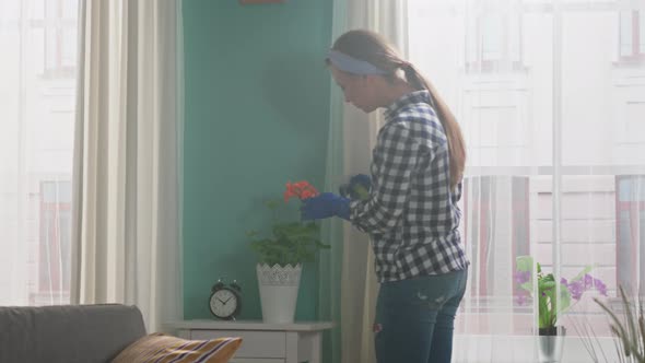 Woman Is Watering Flowers at Home