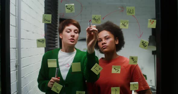 A Woman is Drawing a Business Strategy on a Glass Board Working with Assistant