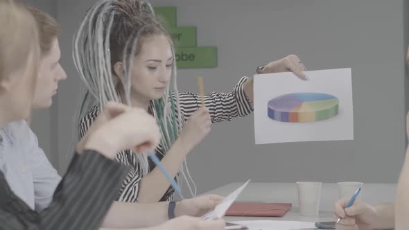 Young Confident Woman with Piercing and Dreadlocks Showing Diagram To Colleagues and Talking