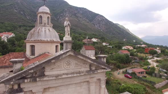 Aerial View of the Facade of the Church of the Nativity of the Virgin in Prcanj