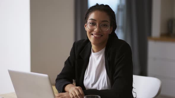 Afro American Girl Secretary Business Woman Sitting at Table at Office Portrait Footage