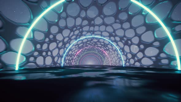 Fluorescent Ultraviolet Light, Glowing Neon Lines, Moving Forward Inside Tunnel alt