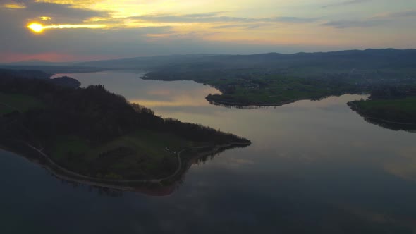 Cloud Reflection in Lake Czorsztyn in Poland, Beautiful Sunset at Dusk