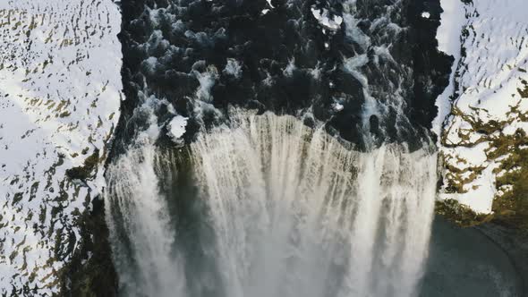 Aerial Drone View of Magnificent Famous Waterfall Skogafoss in Iceland