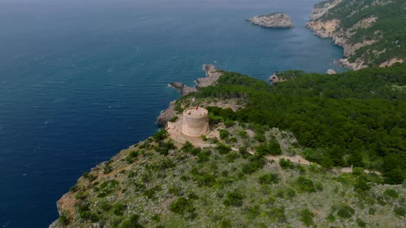 Aerial View of the Old Fort Tower on the Cliff on the Island of Mallorca