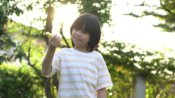 Cute Asian Child Eating Ice Cream In The Park