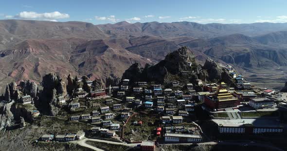 Aerial footage landscape in zizhu temple in Tibet,China