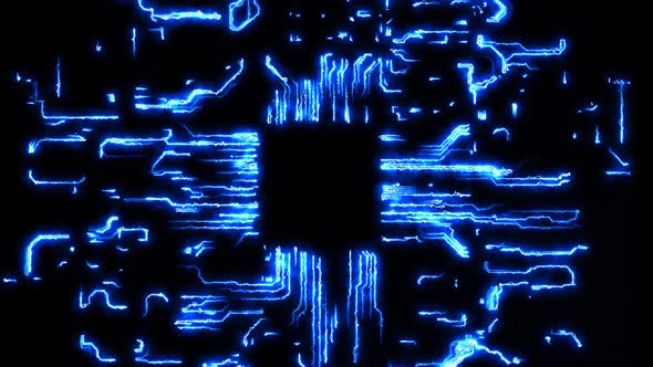 dynamic background of virtual circuit board with chip. cyclical animation on the theme of technology
