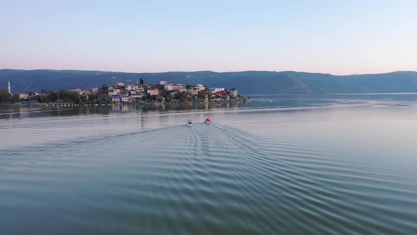 fishing boat on lake at sunset golyazi , bursa turkey  21