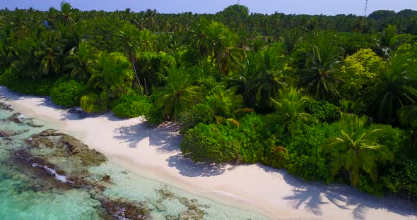 Wide angle drone copy space shot of a sunshine white sandy paradise beach and aqua blue water backgr