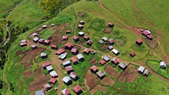 Flying Above Small Highland Village Among Green Hills And Pastures In Summer