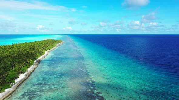 Aerial drone view panorama of relaxing island beach voyage by blue ocean and bright sand background 