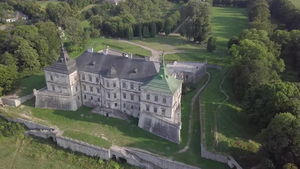 Aerial To Old Romantic Palace Castle Pidhirci in Ukraine