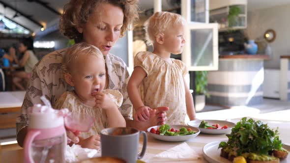 Young Caucasian Mother Feeds Her Twin Daughters Healthy Meal of Fruits and Vegetables in an Outdoor