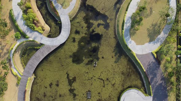 Aerial view dry pond in park