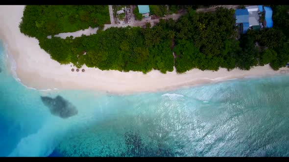 Aerial sky of exotic bay beach break by shallow ocean with white sand background of a daytrip after 