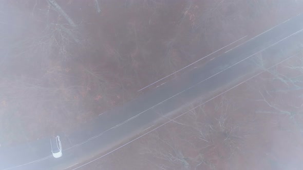 Top View of White Car Stuck on Forest Road in Foggy Day or Night