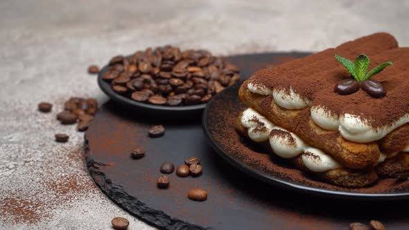 Classic Tiramisu Dessert on Ceramic Plate on Concrete Background