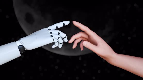 Connection between human and robot with finger in night time moon background. alt