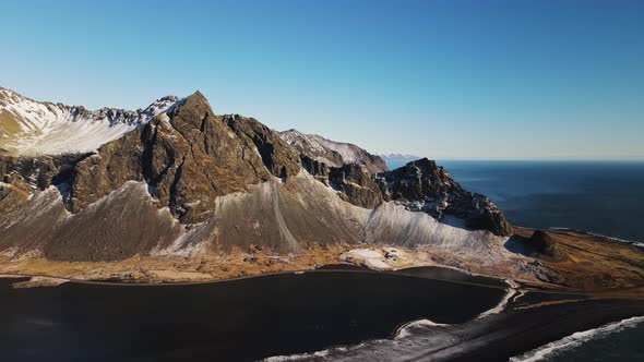 Drone Flight Over Dramatic Landscape With Vestrahorn Mountain