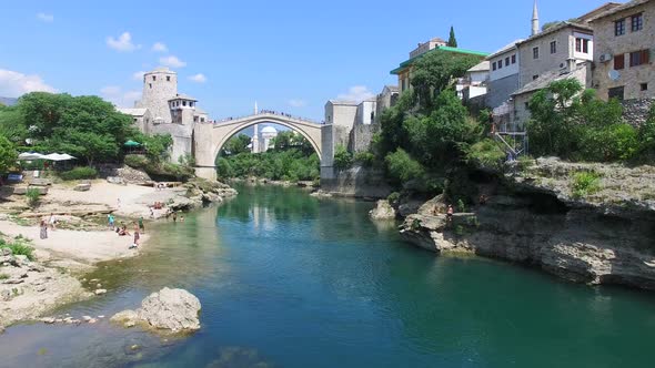 Flying towards famous bridge in Mostar, Bosnia and Herzegovina