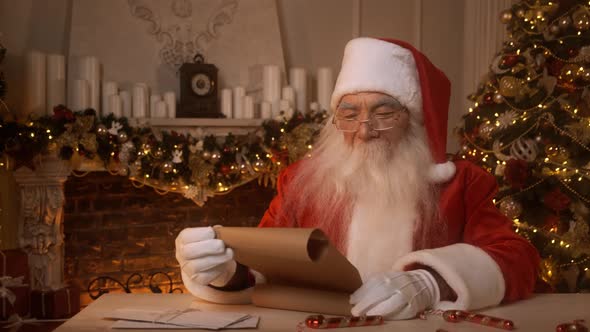 Santa Claus is Reading a List of Nice and Naughty Children in His Residence on North Pole Preparing