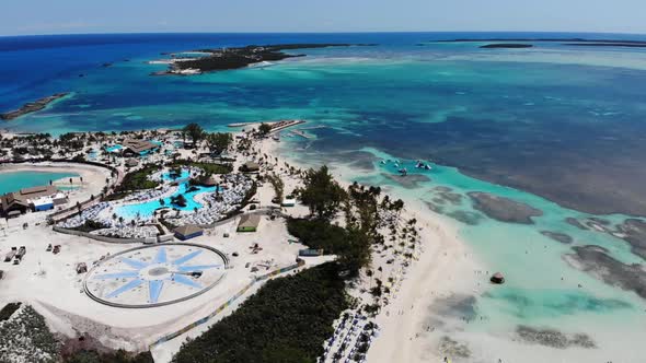 Aerial drone footage of the beautiful tropical beach at Little Stirrup Cay or CocoCay, Bahamas