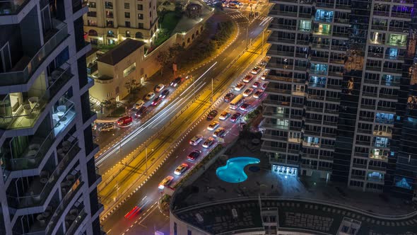 Night Illumination of Dubai Marina Aerial Timelapse UAE