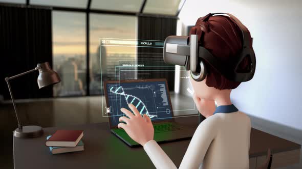 The man searching information human analysis hologram with virtual reality technology in office.