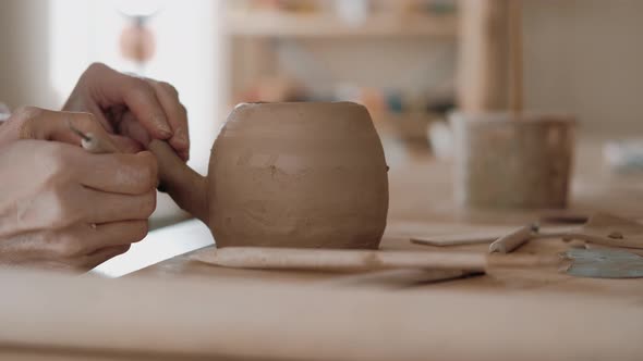 Woman Potter Makes Clay Tableware Handmade Ceramics