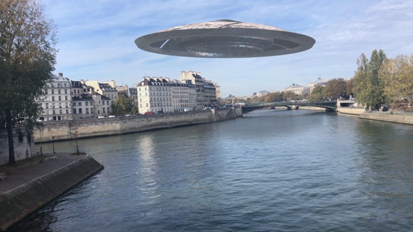 Large Flying Saucer Ufo over Paris Seine River