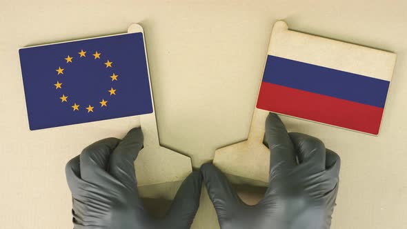 Flags of the European Union and Russia Made of Recycled Paper